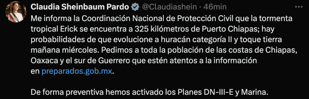 Claudia Sheinbaum sobre la tormenta tropical Erik